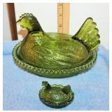 Candy Dish Green Carnival Glass Hen on Nest and