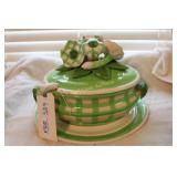 Soup Tureen Large Green and White Vintage