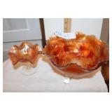 Carnival Glass Ruffled Bowl with Legs and Vintage