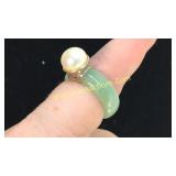 .925 Silver Cultured Pearl & Green Jade Sz 7