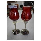 Candle Holders Red Glass and Metal approximately
