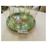 Vintage Yellow Glass Pitcher and Cups Lot of 7