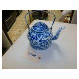 Tea Kettle Enamel Ware Blue and White