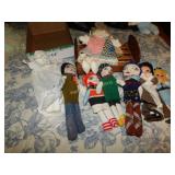 Handmade Dolls lot of 9 and Wooden Doll Bed
