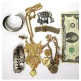 Vintage MCM Jewelry w Owl Necklace, Charm Bracelet