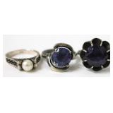 3 Sterling Silver & Gemstones, Pearl Rings