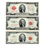 3 Red Seal $2 Bills - Series 1928G, 1953 & 1963