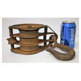 Vintage Metal Triple Pulley Industrial Farm Decor