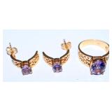 Ring & Matching Pierced Earrings Set w Purple Gems