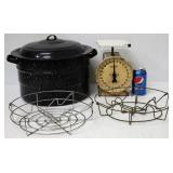 Blue Enamel Canning Pot w Extras & Scale