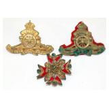 3 Vintage UK Military Artillery Cap Badges