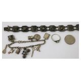 Vintage Sterling Bracelets w Charms & Deco Ring