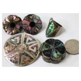 Vintage 925 Abalone Taxco Jewelry - Pin, Ring, Box