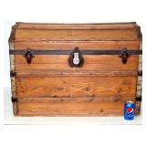Antique Round Top Wood Chest w Lock & Handles