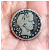 1894-S US "Barber" Quarter 90% Silver