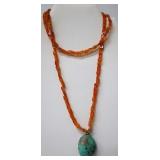 Jennifer Tuton Necklace Large Turquoise w Red Bead