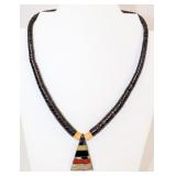 Vintage Heishi Pueblo Inlaid Stone Brass Necklace