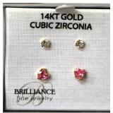 14K Gold Pink Hearts & Round Earrings - New