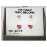 New 14K Gold Pink Hearts Crystal Earrings