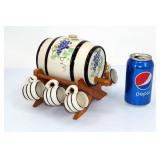 German Ceramic Barrel Bar w 6 Cups Wood Stand