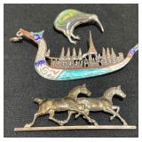 3 Vintage Sterling Brooches- Dragonboat, Kiwi +
