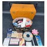 Mid-Century Sewing Box w Tin & Accessories
