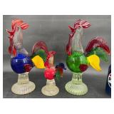 3 Hand-Blown Colorful Art Glass Roosters