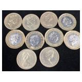 10 British 1-Pound Coins Queen Elizabeth II