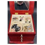 Wood Jewelry Box w Assorted Costume Jewelry