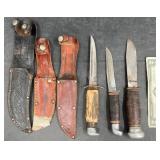3 Vntg Fixed-Blade Knives w Leather Sheaths- Pal+