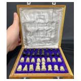 Carved Marble Chess Game Set w Wood Box