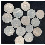 15 British 50 New Pence Coins Various Years