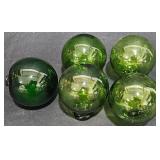 5 Green Blown Glass Mini Fishing Floats