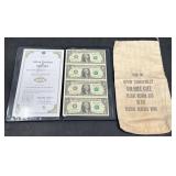 Uncut Sheet 2009 $1 Bills w Certificate & Bag