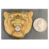 Lion Brooch Pin w Rhinestone Eyes & Mouth