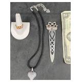 Heart Theme Necklace & Ring w Vntg Bookmark