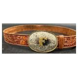 Tooled Leather Belt w Monogram F Silver Buckle