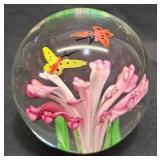Glass Paperweight w Flowers & Butterflies