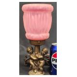 Electric Lamp w Pink Glass Shade & Cherub Base
