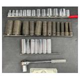 Assorted Sockets w Ratchet & Organizing Rails