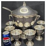 Vntg Silver-Plated Punch Bowl Set w Ladle & Cups