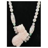 Rose Quartz Beaded Carved Cat Pendant Necklace