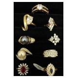 9 Gold-Fill Rings- CZ, Cocktail, 1 NWT, Vintage