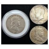 3 US Silver Half Dollar Coins - 1962, 1963, 1964