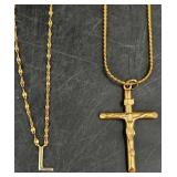 2 Gold Plated Necklaces - Vntg Cross & Initial L