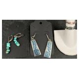 Sterling - 2 Pairs Turquoise Earrings, 2 Rings