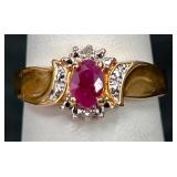 14KT Gold Plated Genuine Ruby Diamond Ring Sz 7