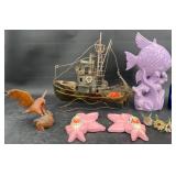 Vntg Decor- Metal Ship, Ceramic Fish Wall Plaques+