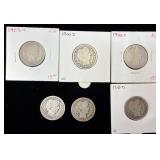 6 U.S. Barber Silver Quarters Dated 1900-1915