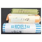 3 Rolled 1960's Coins ï¿½ Nickels, Dimes, Quarters